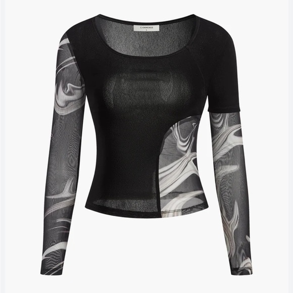 Commense Black Velvet with Mesh Gray/Tan Swirls Top (Mesh Cutout and Sleeves) - Picture 4 of 10